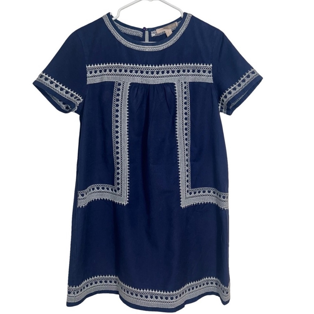 FOREVER 21 Woman’s Navy and White Embroidered Short Sleeved Peasant Blouse